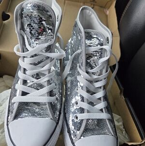 New Converse Silver Sequin Chuck Taylor All Star High Top Sneakers 8